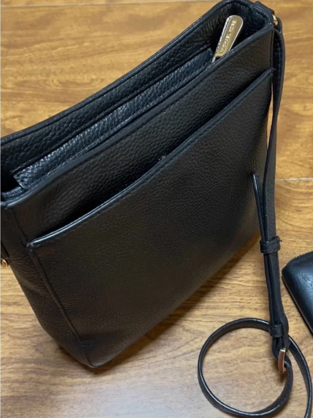 Michael Kors Black Leather Crossbody with Gold MK Lock